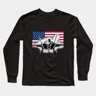 F-35 Fighter Jet with US Flag Background Long Sleeve T-Shirt